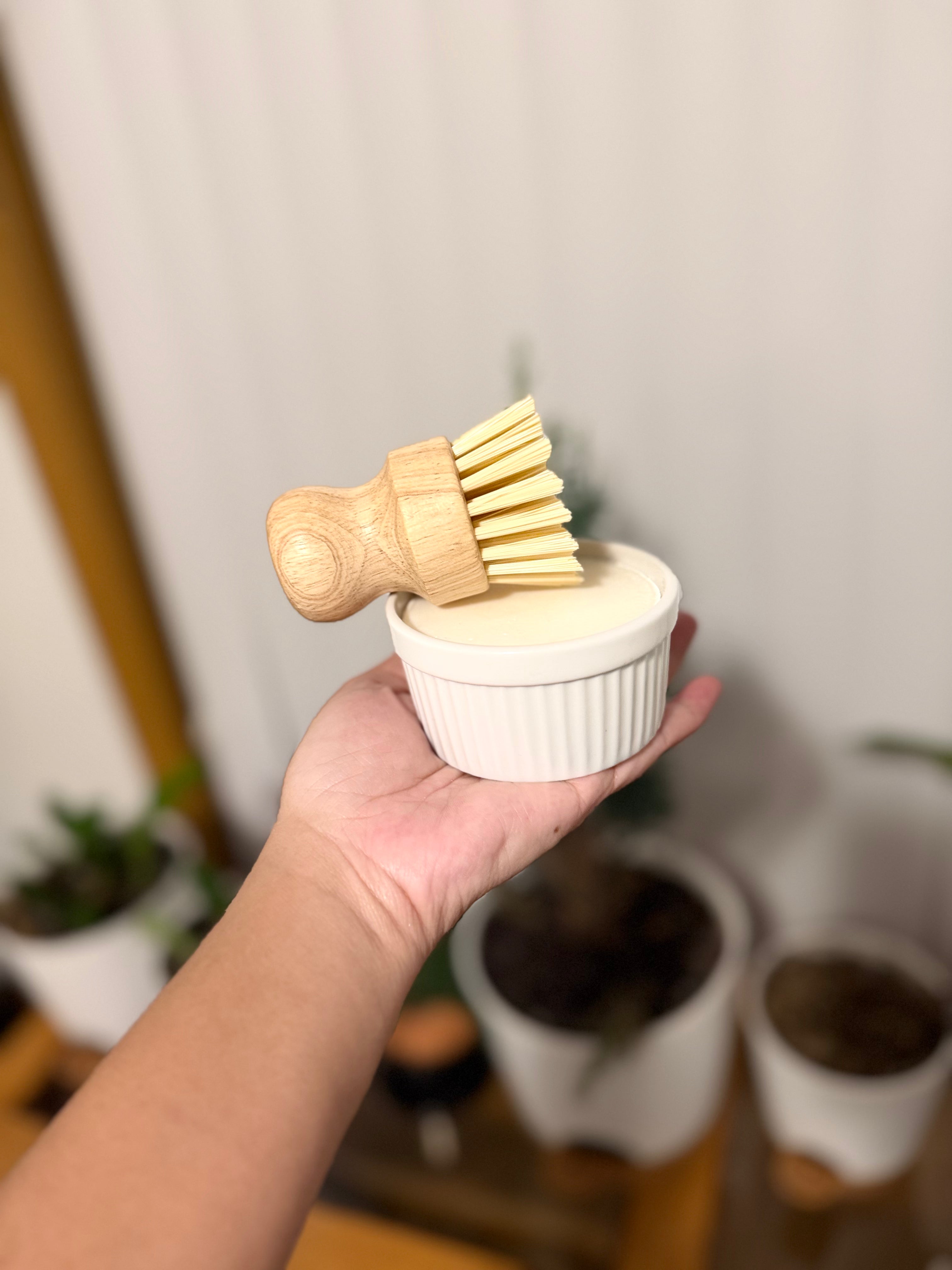 Vegan Solid Dish Soap Bar in Ramekin with Brush